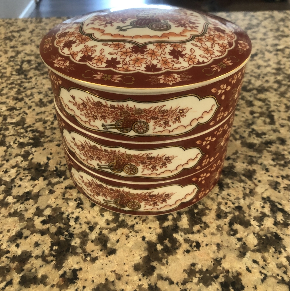 Vintage Japanese Jubako Tiered Bento Box Red Floral Ceramic Made in Japan